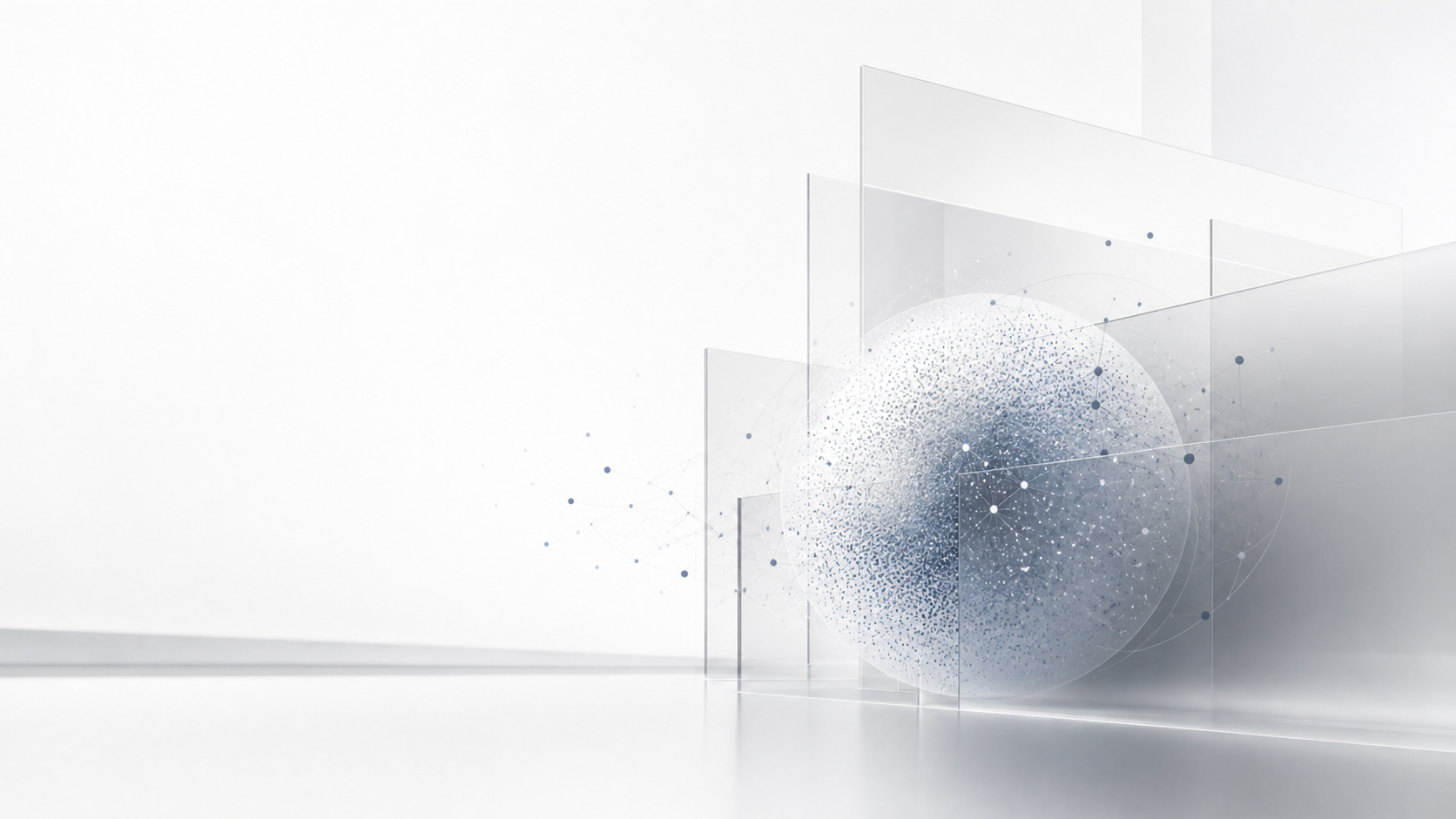 Abstract blue-gray particle sphere behind translucent glass panels.