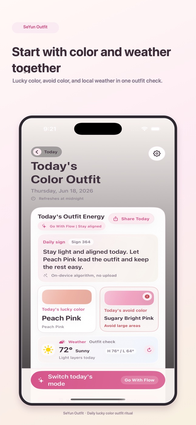 SeYun Outfit app screenshot showing daily color guidance, avoid color, and a weather outfit check.