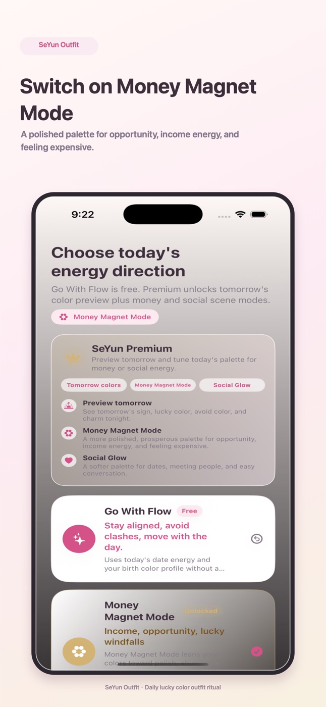 SeYun Outfit premium modes screenshot showing symbolic outfit directions.
