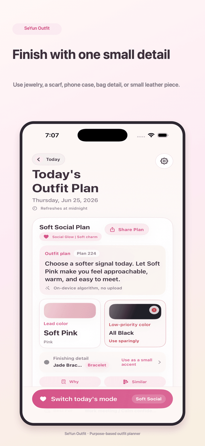 SeYun Outfit screen showing a finishing detail suggestion for the daily outfit.