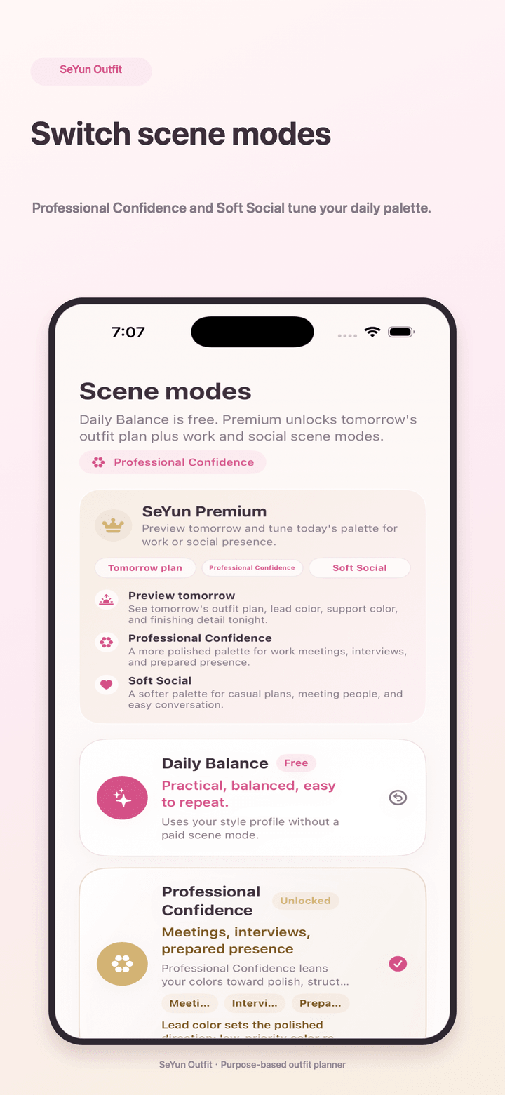 SeYun Outfit screen showing Professional Confidence and Soft Social scene modes.
