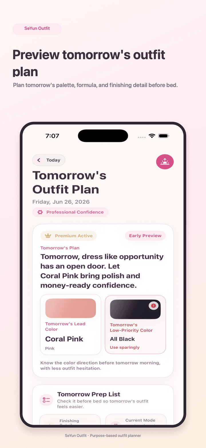 SeYun Outfit premium screen showing tomorrow's outfit plan.