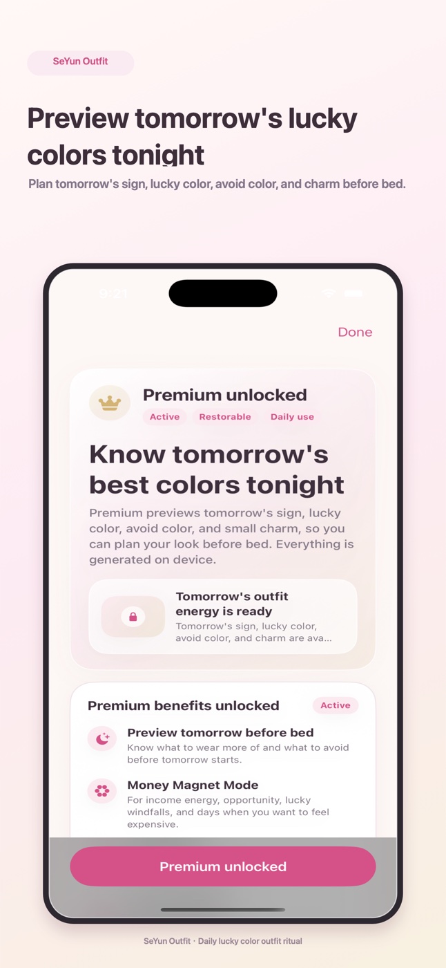 SeYun Outfit premium screenshot showing tomorrow's symbolic color preview.